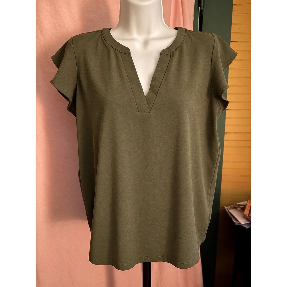 Adrianna Papell Women’s Green V-Neck Cap Sleeve Pleated Woven Blouse Size S